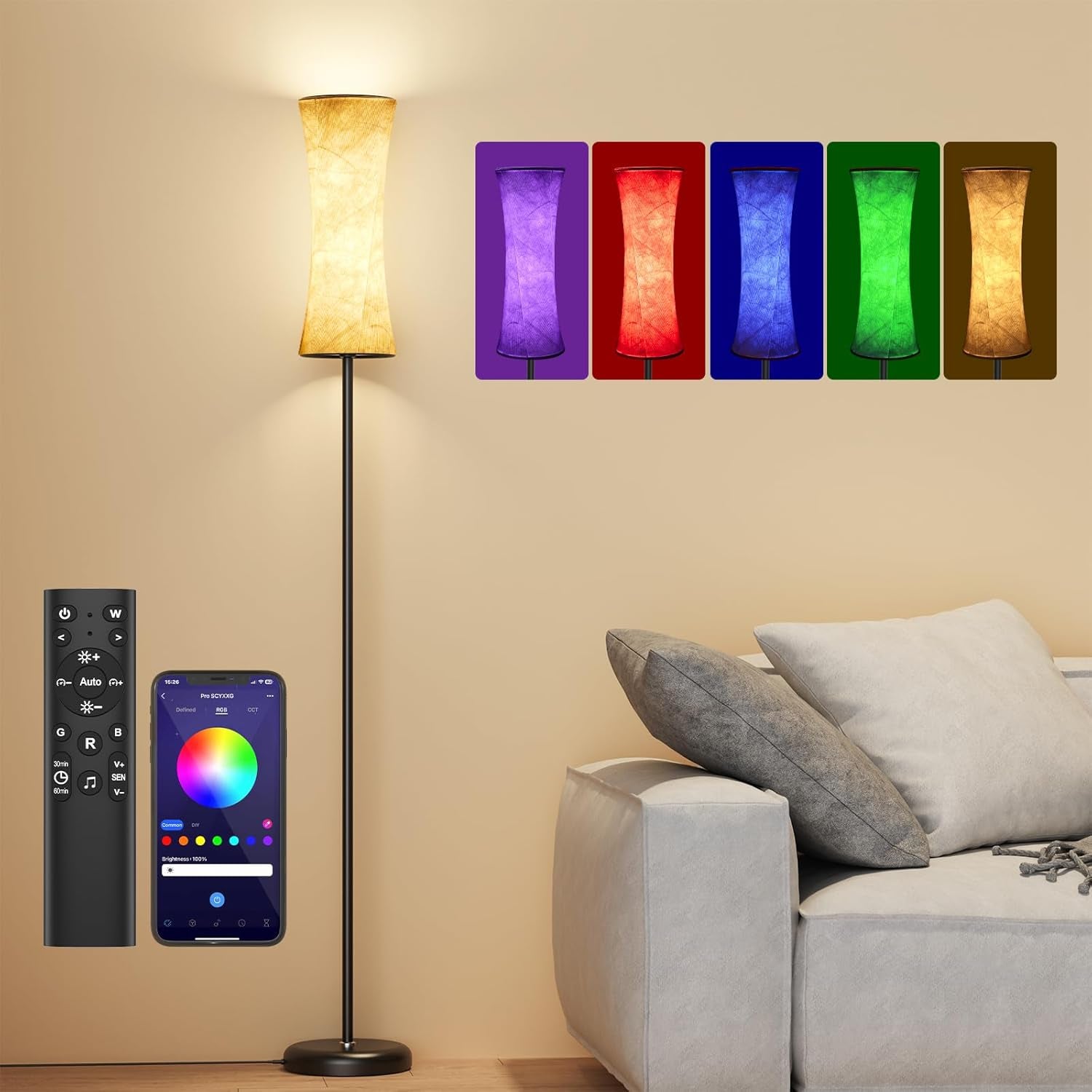 Amedelne RGB Lámpara De Pie De Salón, 12W Lámpara De Pie Moderna Inteligente, Lámpara De Pie Regulable Con Mando a Distancia, Tela, Luz Ambiente Para Fiesta, Sala De Juegos - Redondeada