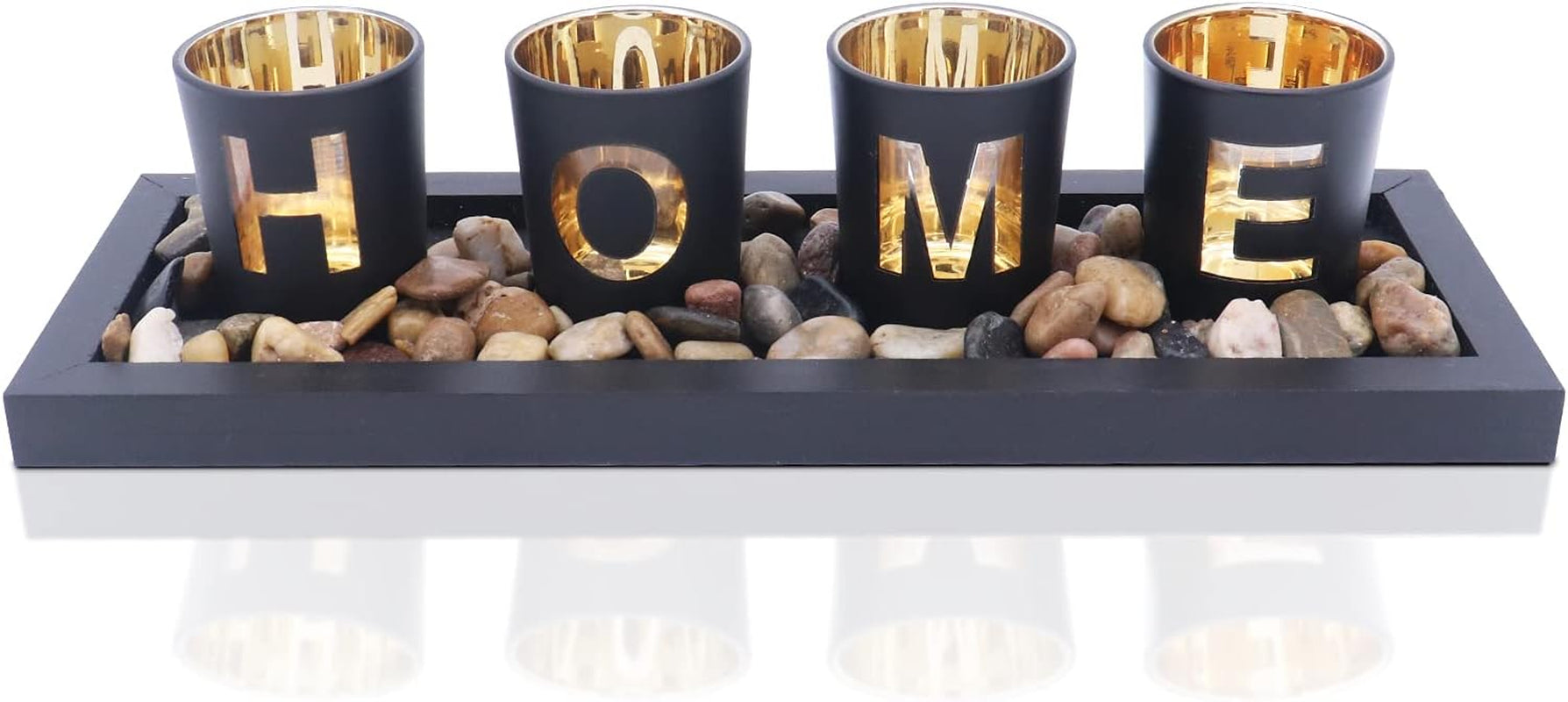 Juego De 4 Portavelas De Cristal, Piedras Naturales Y Bandeja De Madera Para Decoración De Mesa (Home)