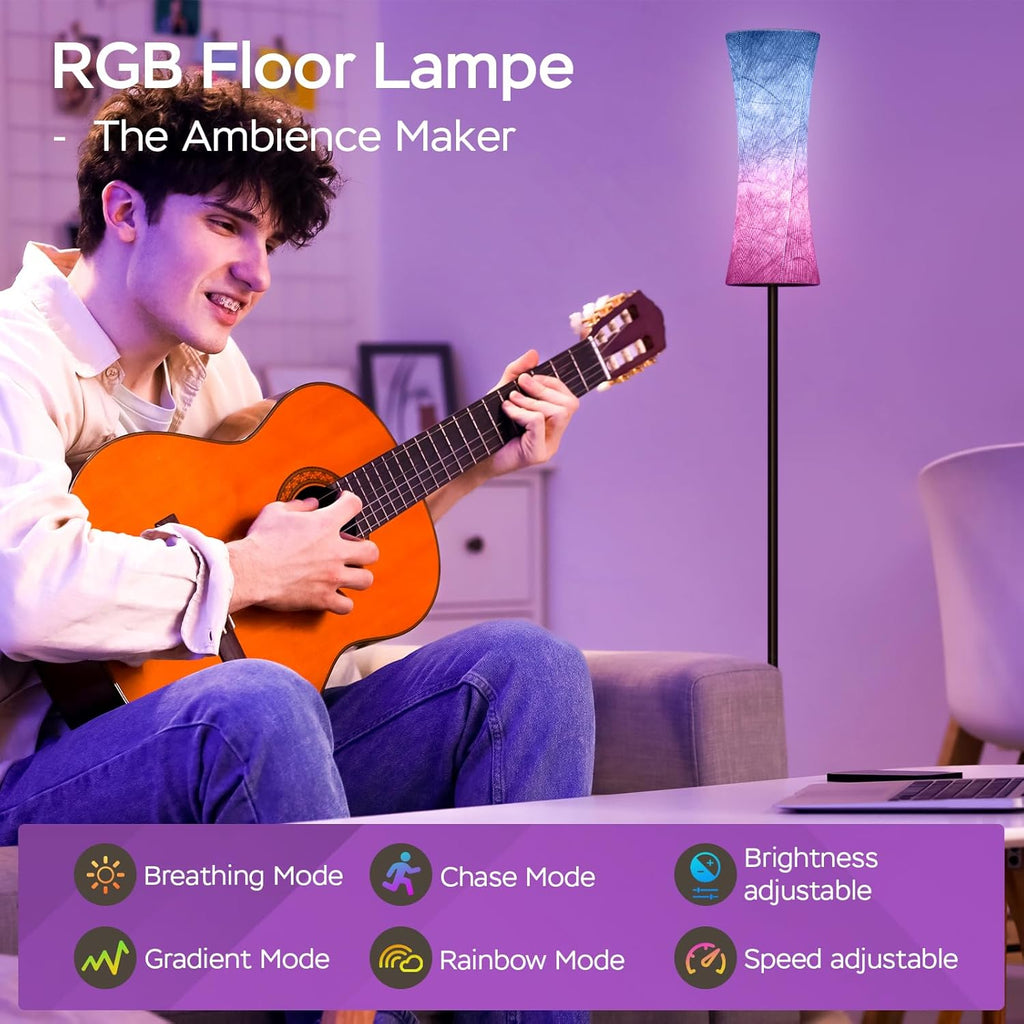 Amedelne RGB Lámpara De Pie De Salón, 12W Lámpara De Pie Moderna Inteligente, Lámpara De Pie Regulable Con Mando a Distancia, Tela, Luz Ambiente Para Fiesta, Sala De Juegos - Redondeada
