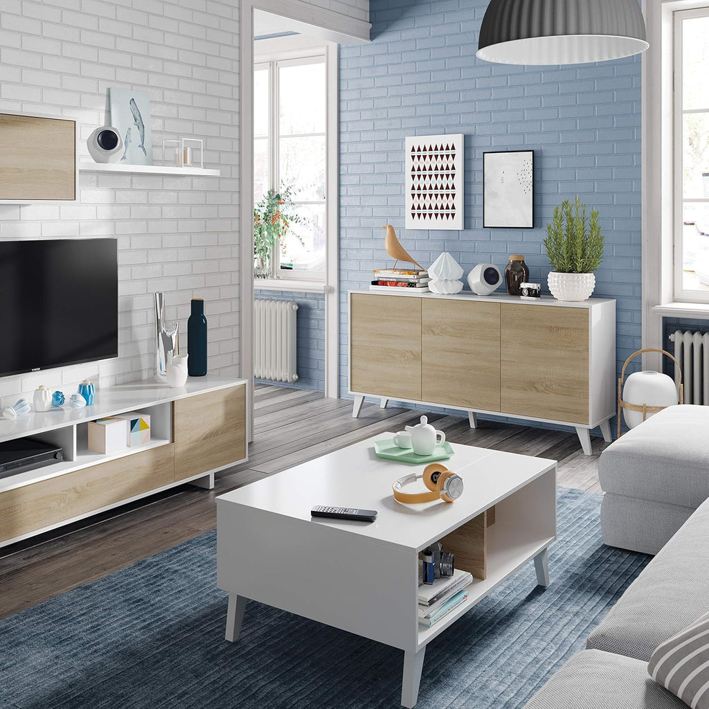 Habitdesign 0F6633BO - Mesa De Centro Elevable Zaiken Comedor Salón, Mesita Mueble Salon Comedor Acabado En Blanco Brillo Y Roble Canadian, Medidas: 100 Cm (Largo) X 38/48 Cm (Alto) X 68 Cm (Fondo)