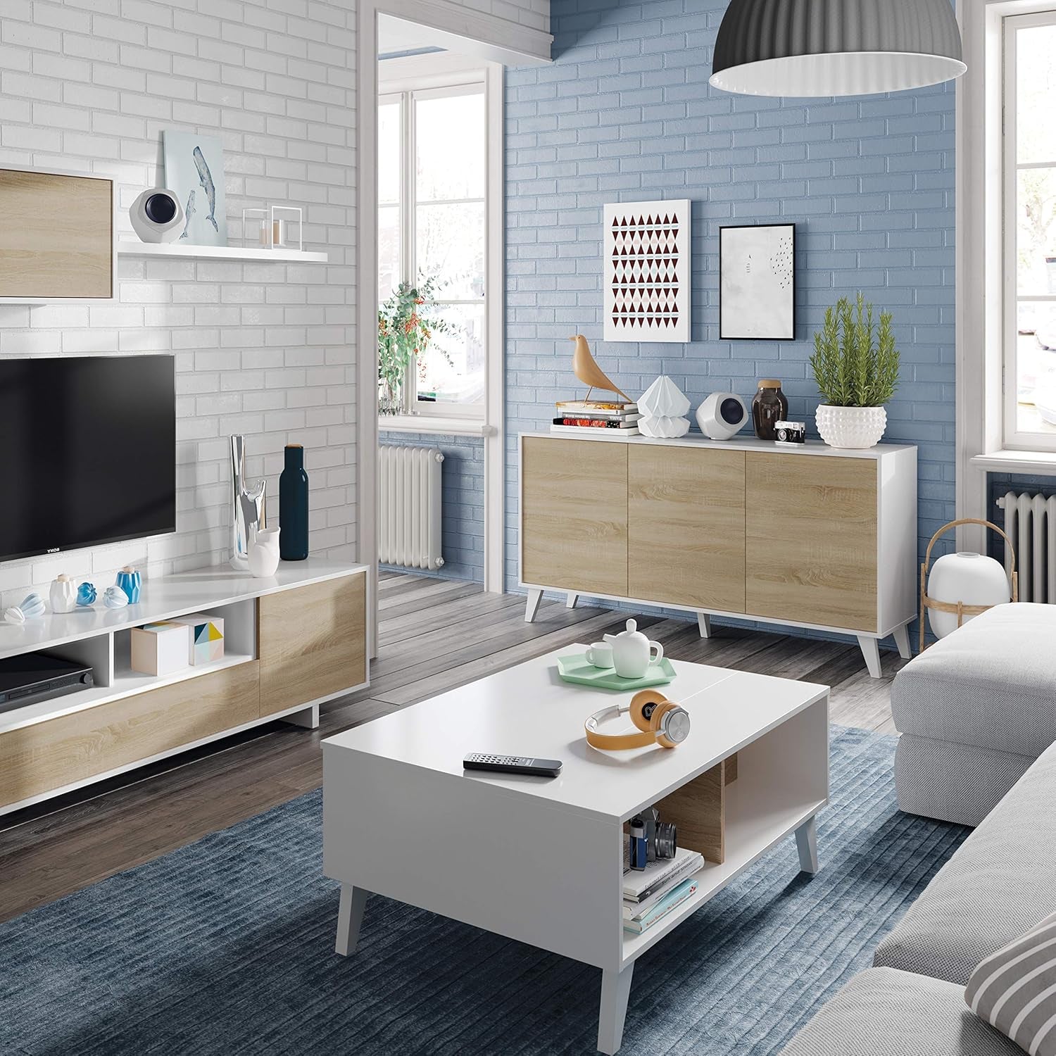 Habitdesign 0F6633BO - Mesa De Centro Elevable Zaiken Comedor Salón, Mesita Mueble Salon Comedor Acabado En Blanco Brillo Y Roble Canadian, Medidas: 100 Cm (Largo) X 38/48 Cm (Alto) X 68 Cm (Fondo)