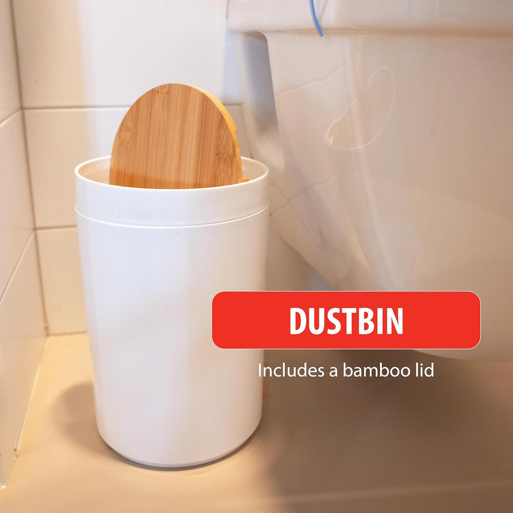 Set De Baño - Set De Inodoro - 6 Piezas - Dispensador De Jabón - Portacepillos De Dientes - Cepillo De Baño - Papelera - Jabonera - Vaso - Bambú - Blanco