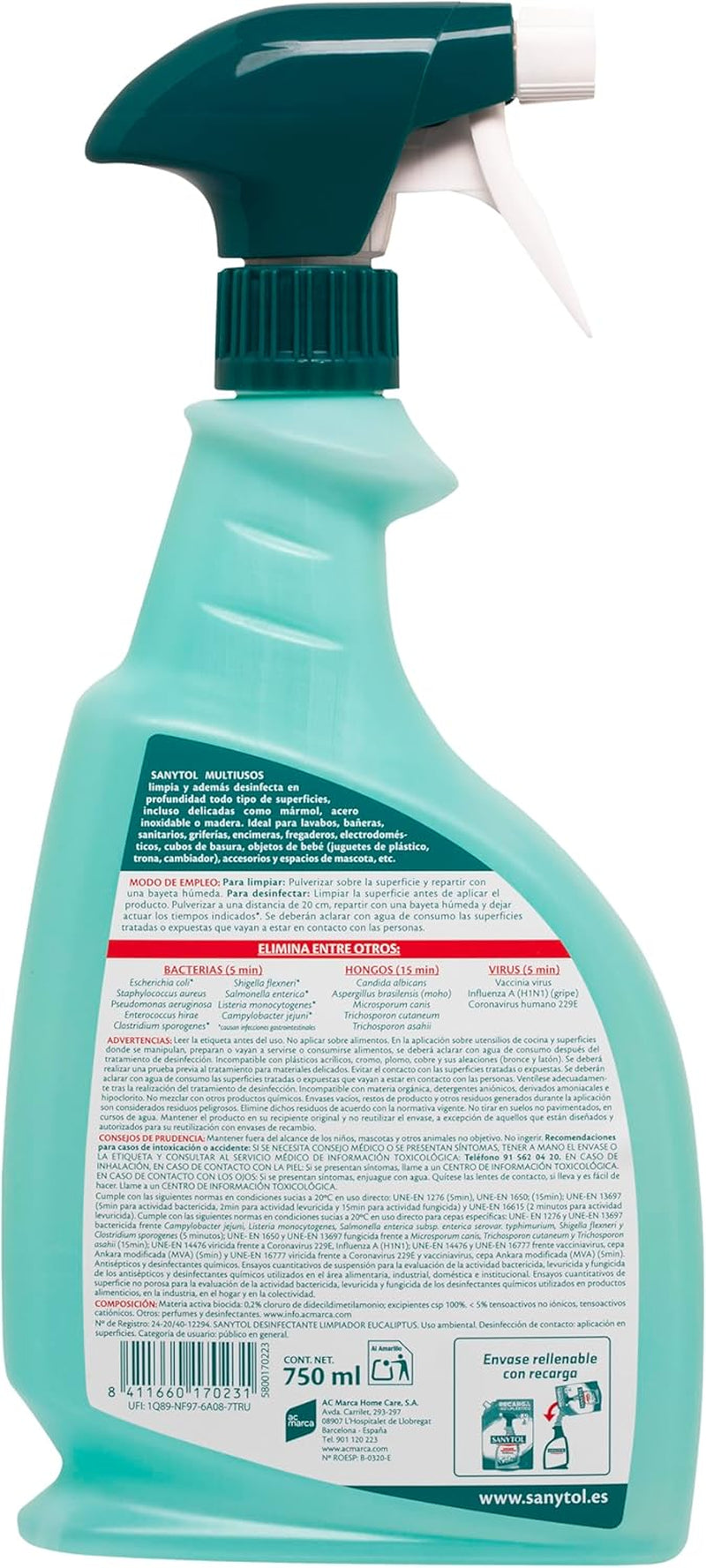 Sanytol - Limpiador Desinfectante Multiusos, Elimina Bacterias, Hongos Y Virus Sin Lejía, Perfume Eucaliptus - Pack De 4 X 750 Ml = 3L