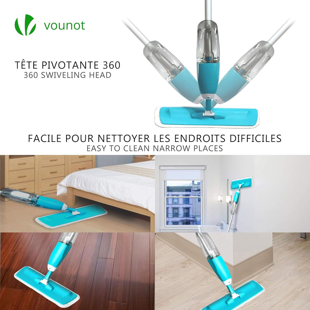 VOUNOT® Mopa Spray, Mopa Con Pulverizador, Fregona Con Vaporizador, Con 2 Almohadilla De Microfibra Y 1 Rasqueta De Ducha, 650Ml, Azul