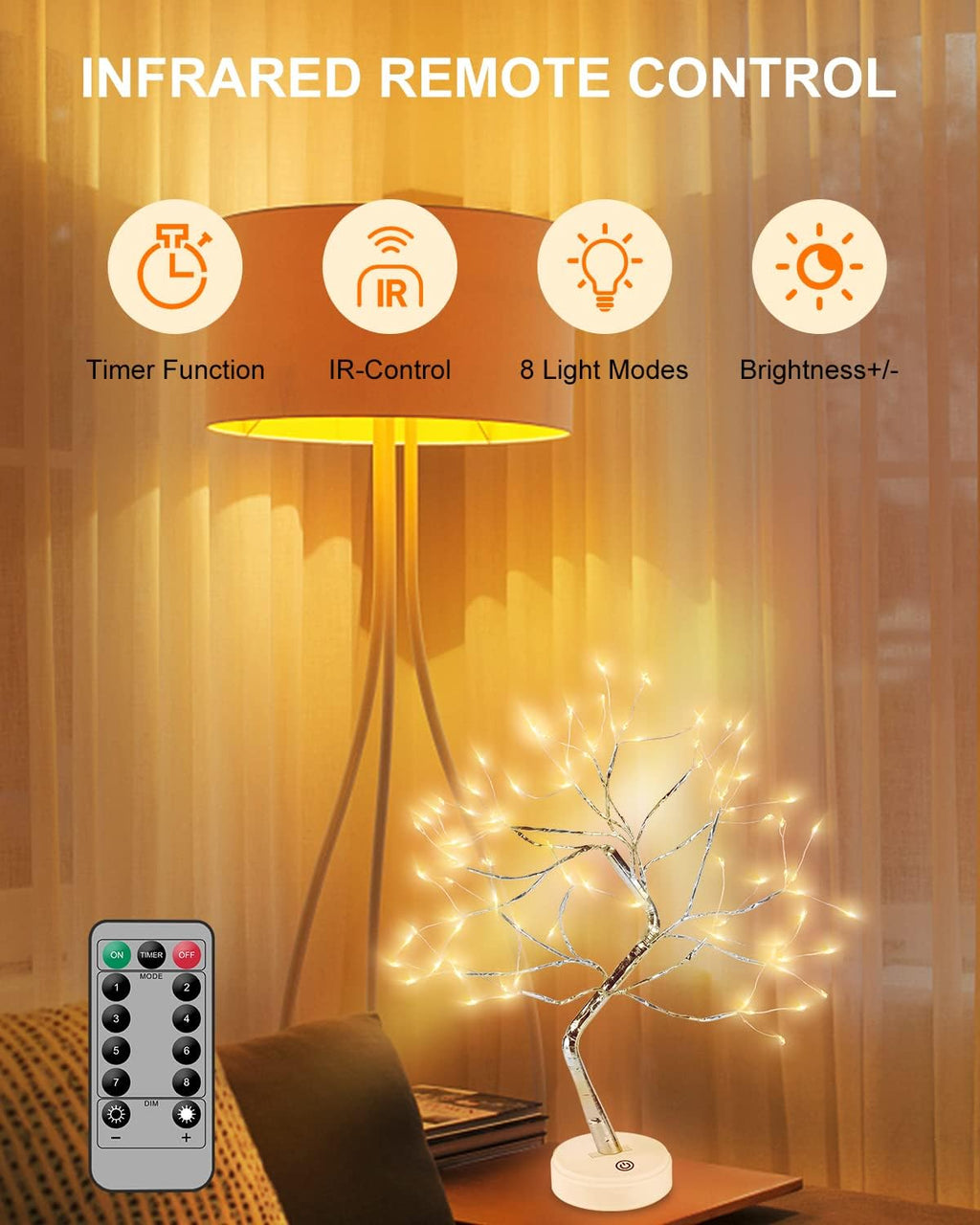 Arbol Luces LED, 108 LED Arbol Lampara Mesa, 8 Modos De Luz Y Operación De Control Remoto Y Temporizador, Adecuado Para Decoración Del Hogar, Navidad, Regalos