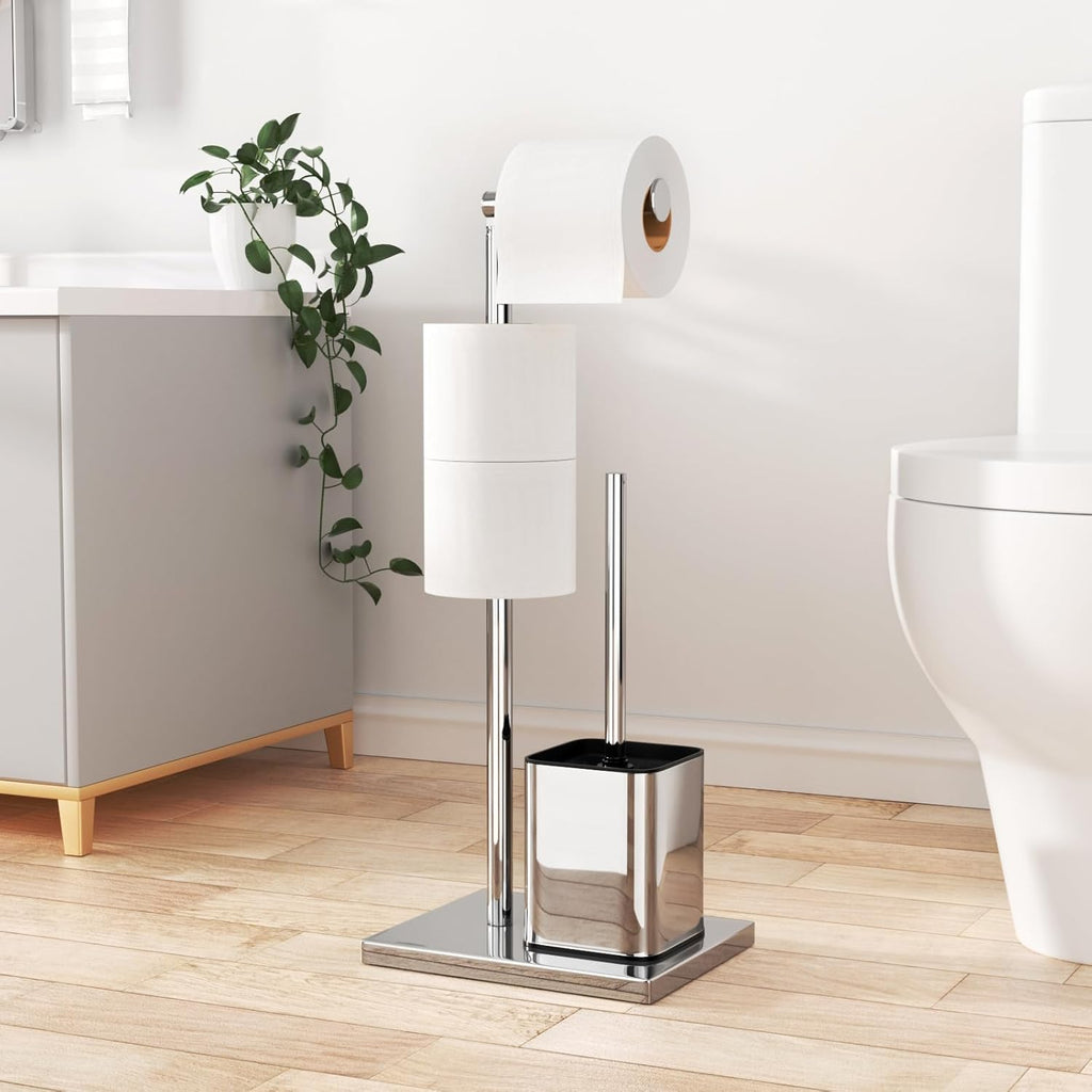 Portarrollos De Papel Higiénico De Pie De Acero Inoxidable, Soporte Para Papel Higiénico Y Escobilla, Sin Necesidad De Taladrar, Escobilla Y Portarrollos De Papel Higiénico (Plata Brillante)