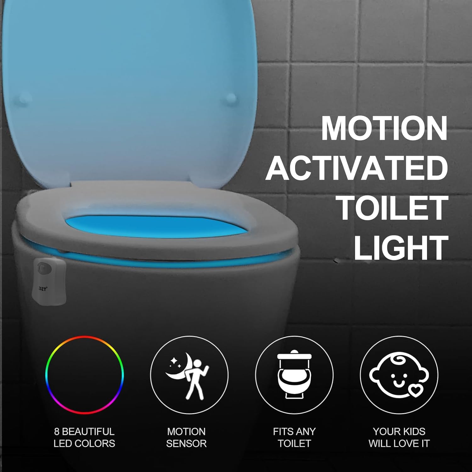 WC Luz Nocturna, LED Luz De Inodoro Luz Con Detección De Movimiento Del Sensor Automático, 8 Cambio De Color,Funciona Con Pilas, Para Cuartos De Baño Con Niños (Sólo Activa En La Oscuridad)