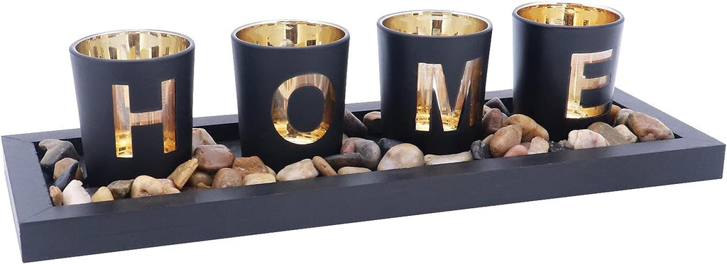 Juego De 4 Portavelas De Cristal, Piedras Naturales Y Bandeja De Madera Para Decoración De Mesa (Home)