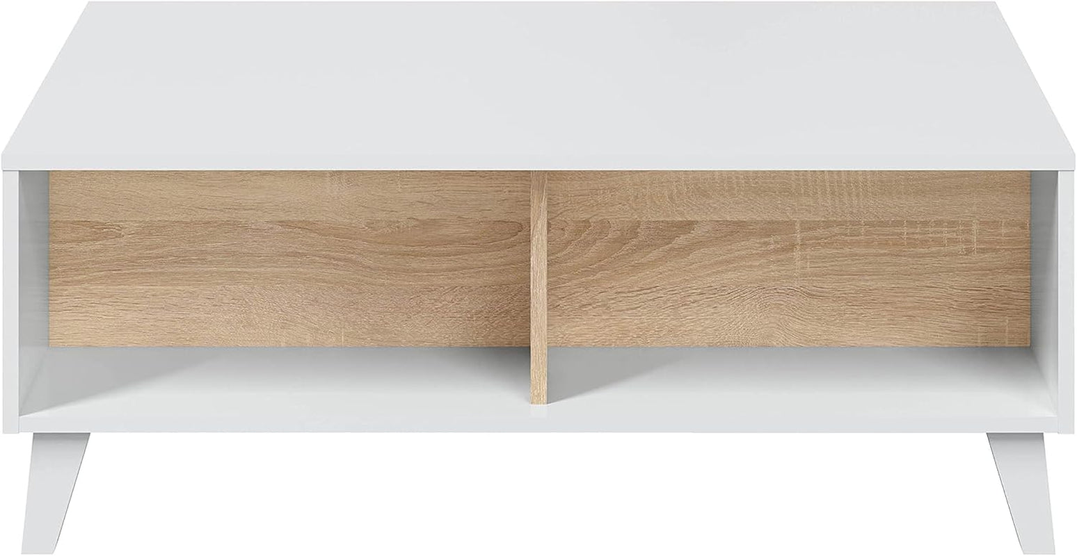 Habitdesign 0F6633BO - Mesa De Centro Elevable Zaiken Comedor Salón, Mesita Mueble Salon Comedor Acabado En Blanco Brillo Y Roble Canadian, Medidas: 100 Cm (Largo) X 38/48 Cm (Alto) X 68 Cm (Fondo)