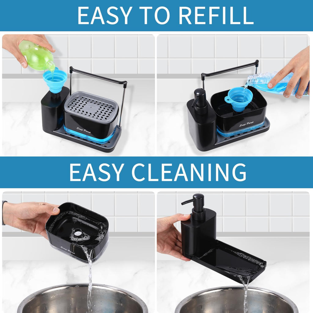 Jabonera Cocina, Organizador De Fregadero Negro Con Bandeja Y Soporte Para Esponja, Detergente Recargable，Dispensadores De Bomba De Jabón Y Porta Esponjas