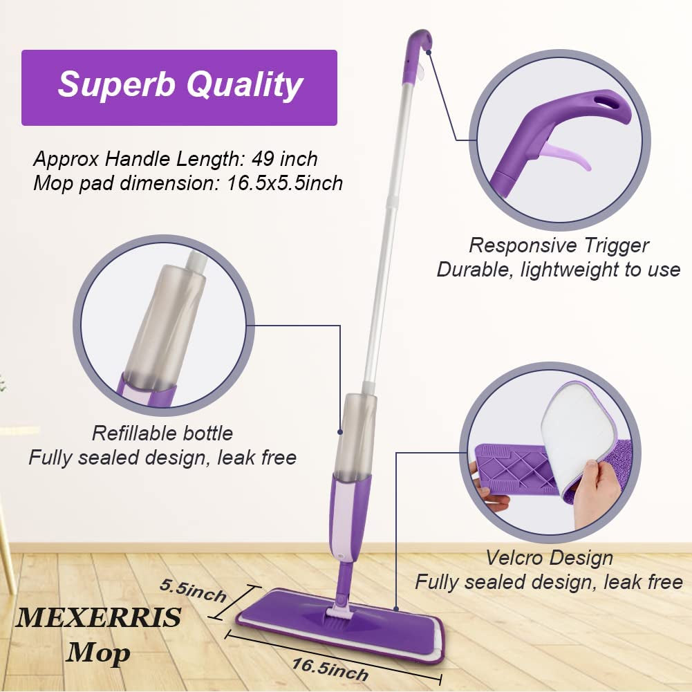 Mopa Fregona Con Pulverizador, MEXERRIS Mopas De Limpieza Suelos Con 2 Botellas Recargables Spray Mop Fregona Microfibra Para El Hogar, Cocina, Industrial, Azulejos, Madera Dura, Madera, Laminados