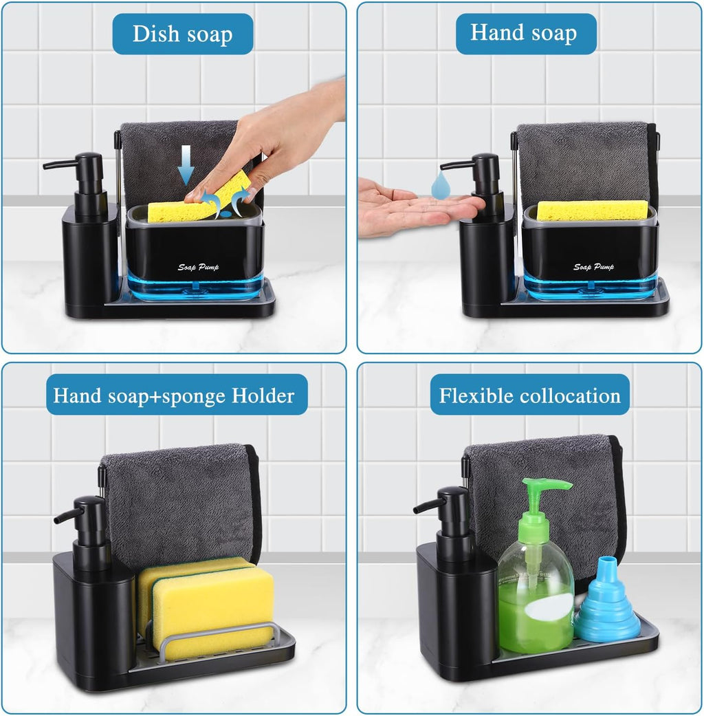 Jabonera Cocina, Organizador De Fregadero Negro Con Bandeja Y Soporte Para Esponja, Detergente Recargable，Dispensadores De Bomba De Jabón Y Porta Esponjas