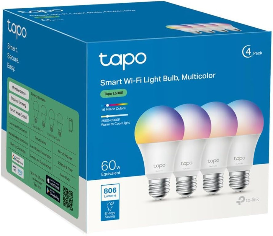 Tapo L530E (4 Paquetes) – Bombilla LED Inteligente Wi-Fi, Multicolor, Regulable, Casquillo E27, 8.7W, 806 Lúmenes, Compatible Con Alexa Y Google Home