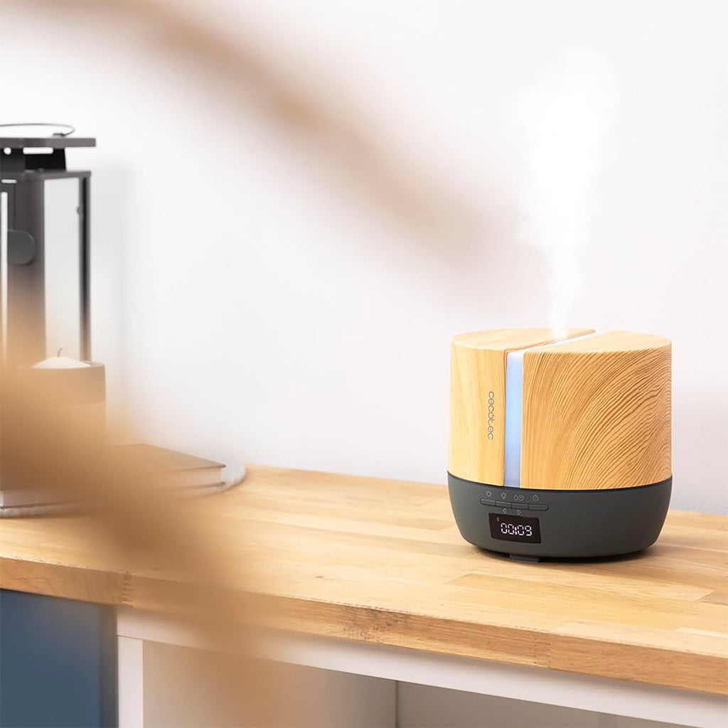 Cecotec Difusor De Aromas Purearoma 550 Connected Grey Woody. Capacidad 500Ml, Pantalla LED, Altavoz, Control Por Bluetooth, App, Temporizador 12H, 3 Modos De Funcionamiento, Cobertura 30M2