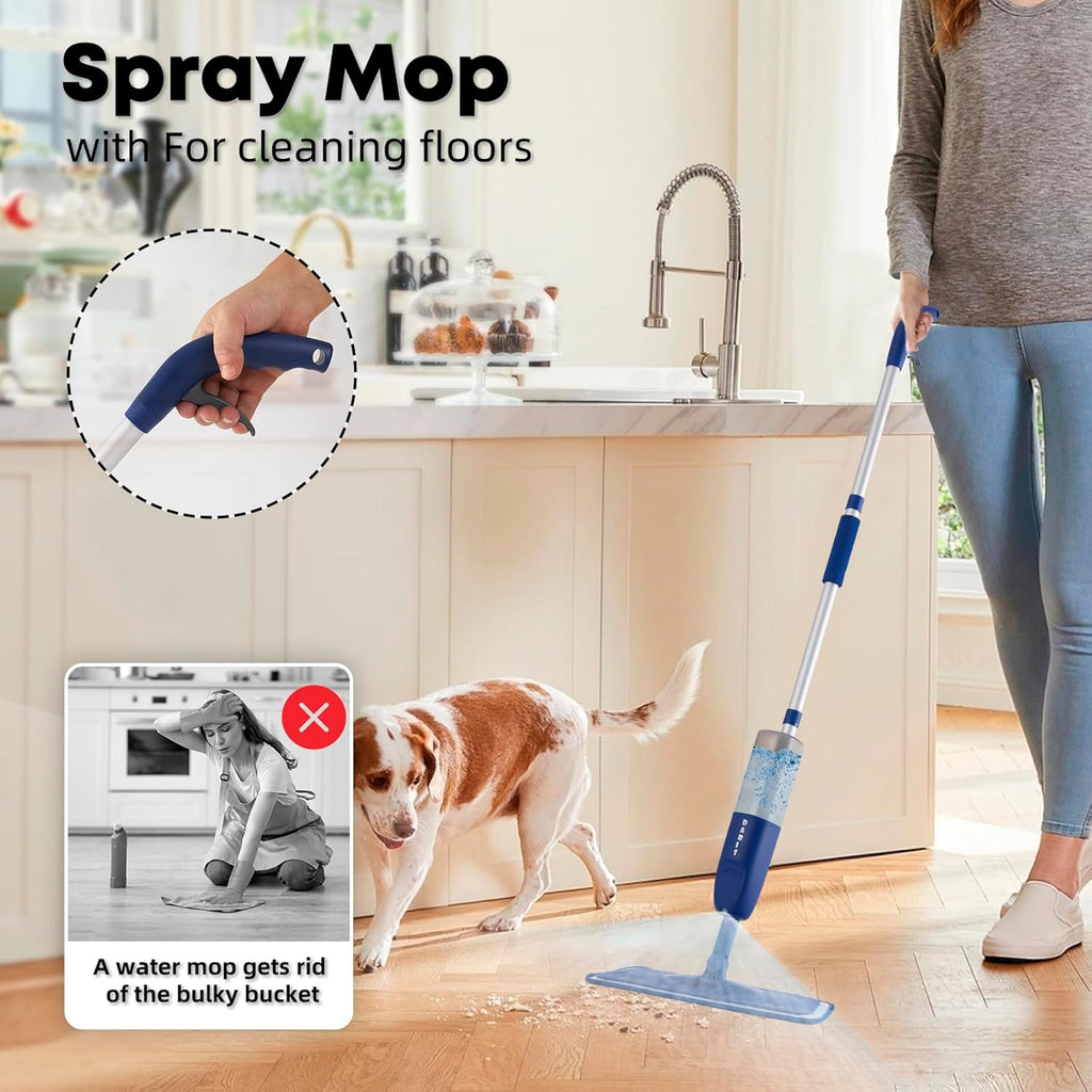 Mopa En Aerosol Para Limpieza De Suelos Con 6 Almohadillas Lavables, Mopa De Microfibra En Seco Y Húmedo Con Botella Recargable De 500 Ml Para Casa, Cocina, Suelos De Madera, Laminados, Azulejos De