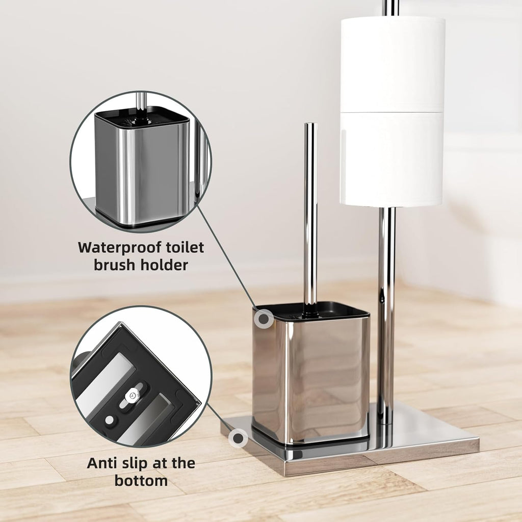 Portarrollos De Papel Higiénico De Pie De Acero Inoxidable, Soporte Para Papel Higiénico Y Escobilla, Sin Necesidad De Taladrar, Escobilla Y Portarrollos De Papel Higiénico (Plata Brillante)
