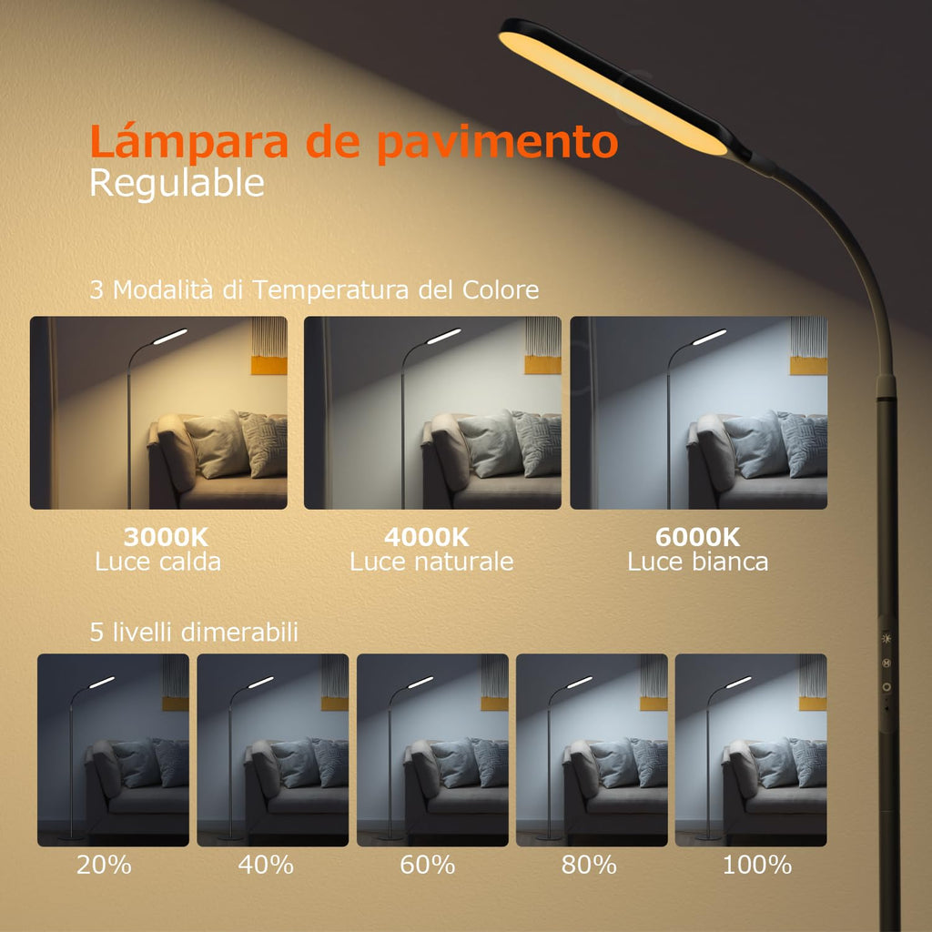 OUSFOT Lámpara De Pie LED Regulable 170 Cm Lámpara De Pie 3000-4000-6000 K Control Táctil Y Remoto Lámpara De Pie LED De Cuello De Cisne Ajustable Para Dormitorio Sala De Estar Oficina