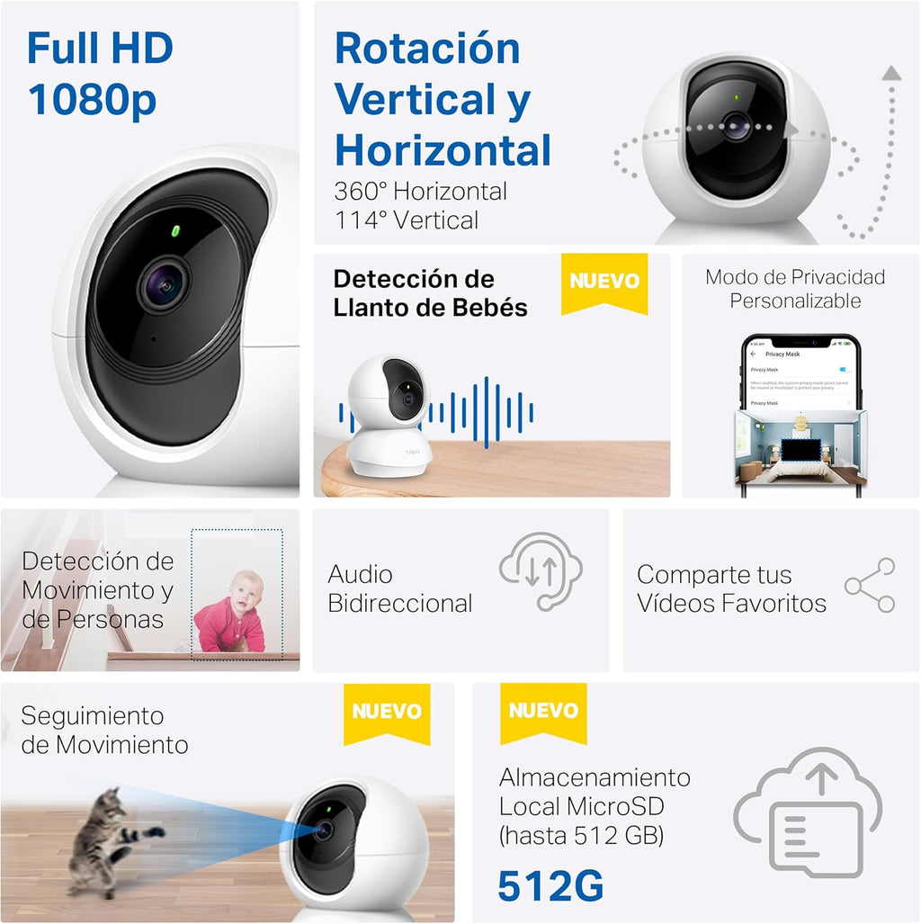 Tapo C200 - Cámara IP Wifi 360° Cámara De Vigilancia FHD 1080P,Visión Nocturna, Notificaciones En Tiempo Real, Admite Tarjeta Sd,Detección De Movimiento,Control Remoto,Compatible Con Alexa