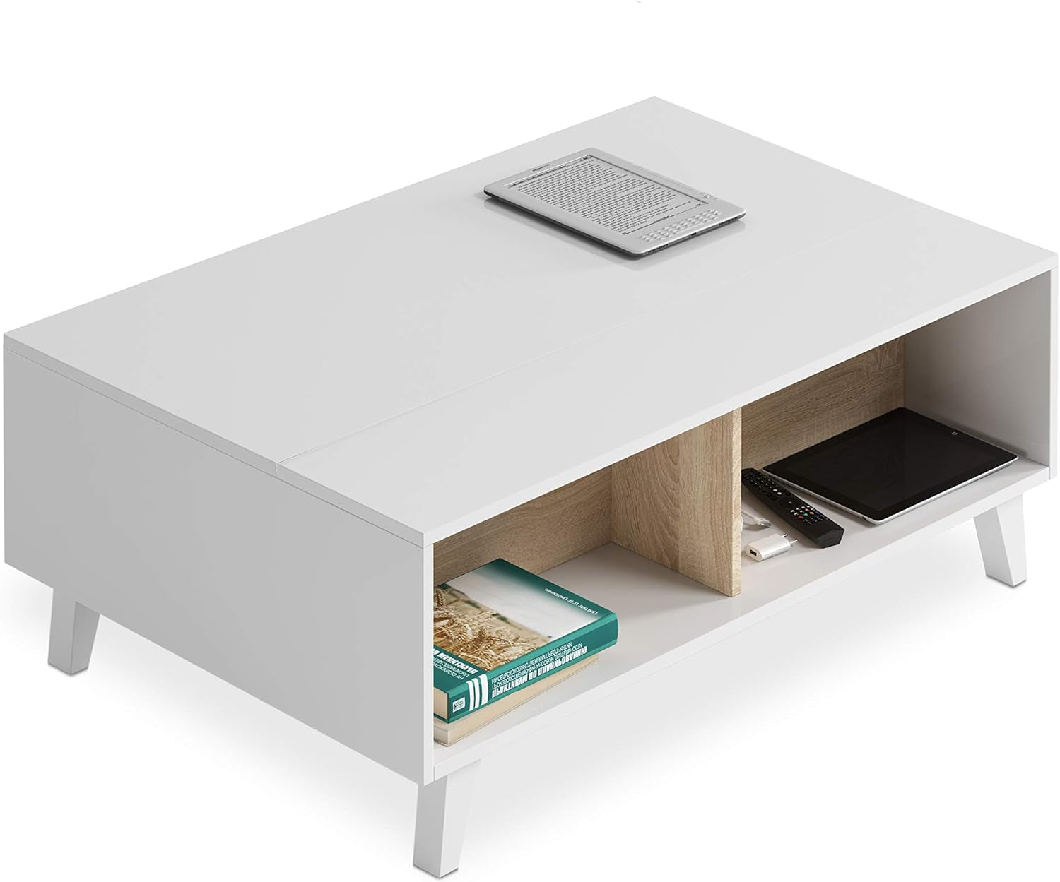 Habitdesign 0F6633BO - Mesa De Centro Elevable Zaiken Comedor Salón, Mesita Mueble Salon Comedor Acabado En Blanco Brillo Y Roble Canadian, Medidas: 100 Cm (Largo) X 38/48 Cm (Alto) X 68 Cm (Fondo)
