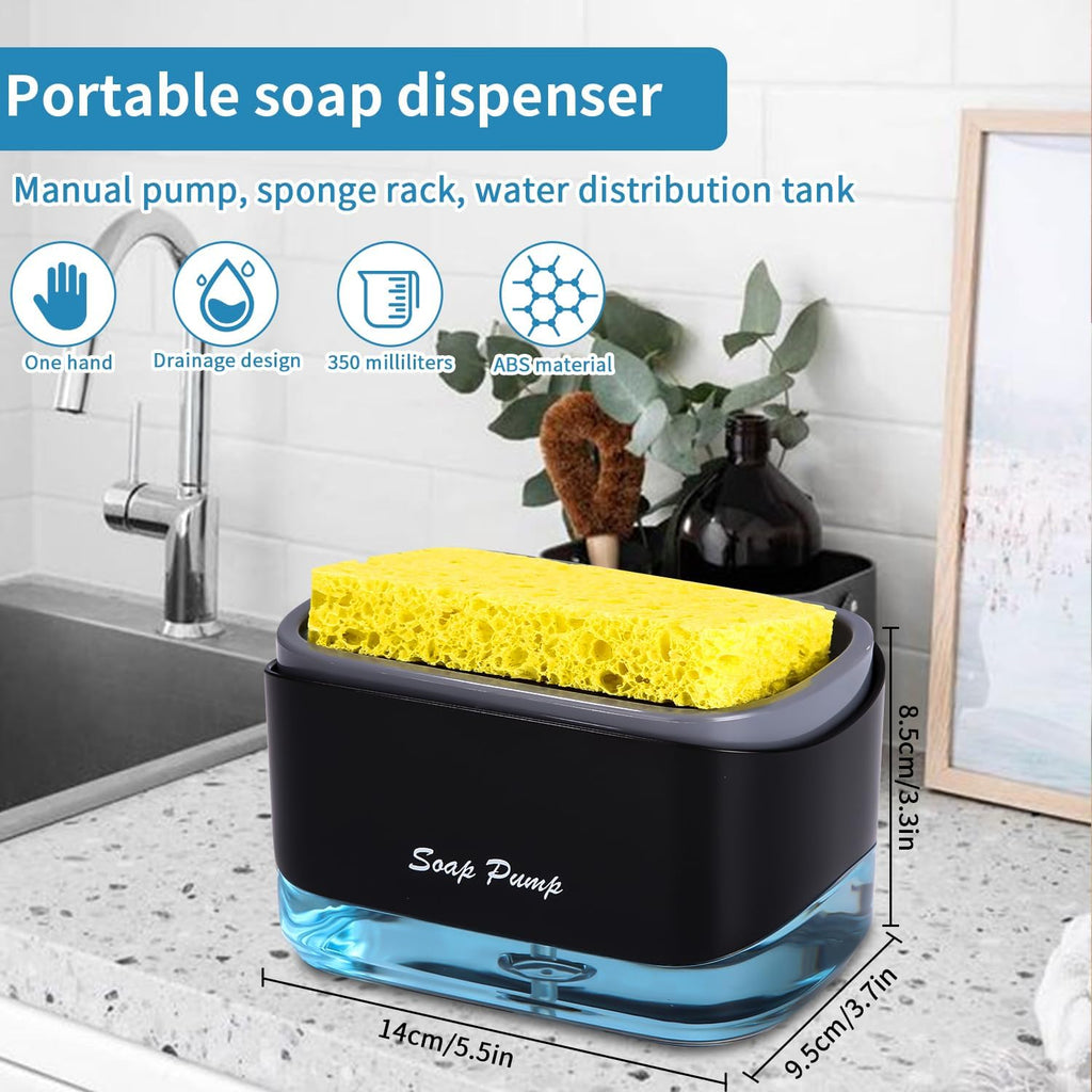 Jabonera Cocina, Organizador De Fregadero Negro Con Bandeja Y Soporte Para Esponja, Detergente Recargable，Dispensadores De Bomba De Jabón Y Porta Esponjas