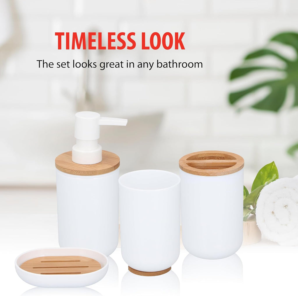 Set De Baño - Set De Inodoro - 6 Piezas - Dispensador De Jabón - Portacepillos De Dientes - Cepillo De Baño - Papelera - Jabonera - Vaso - Bambú - Blanco