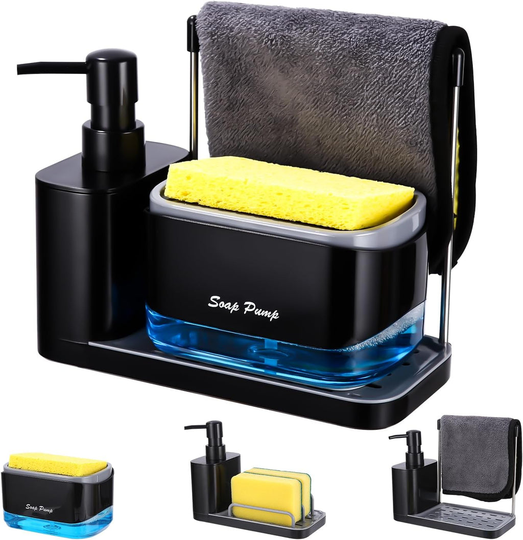 Jabonera Cocina, Organizador De Fregadero Negro Con Bandeja Y Soporte Para Esponja, Detergente Recargable，Dispensadores De Bomba De Jabón Y Porta Esponjas