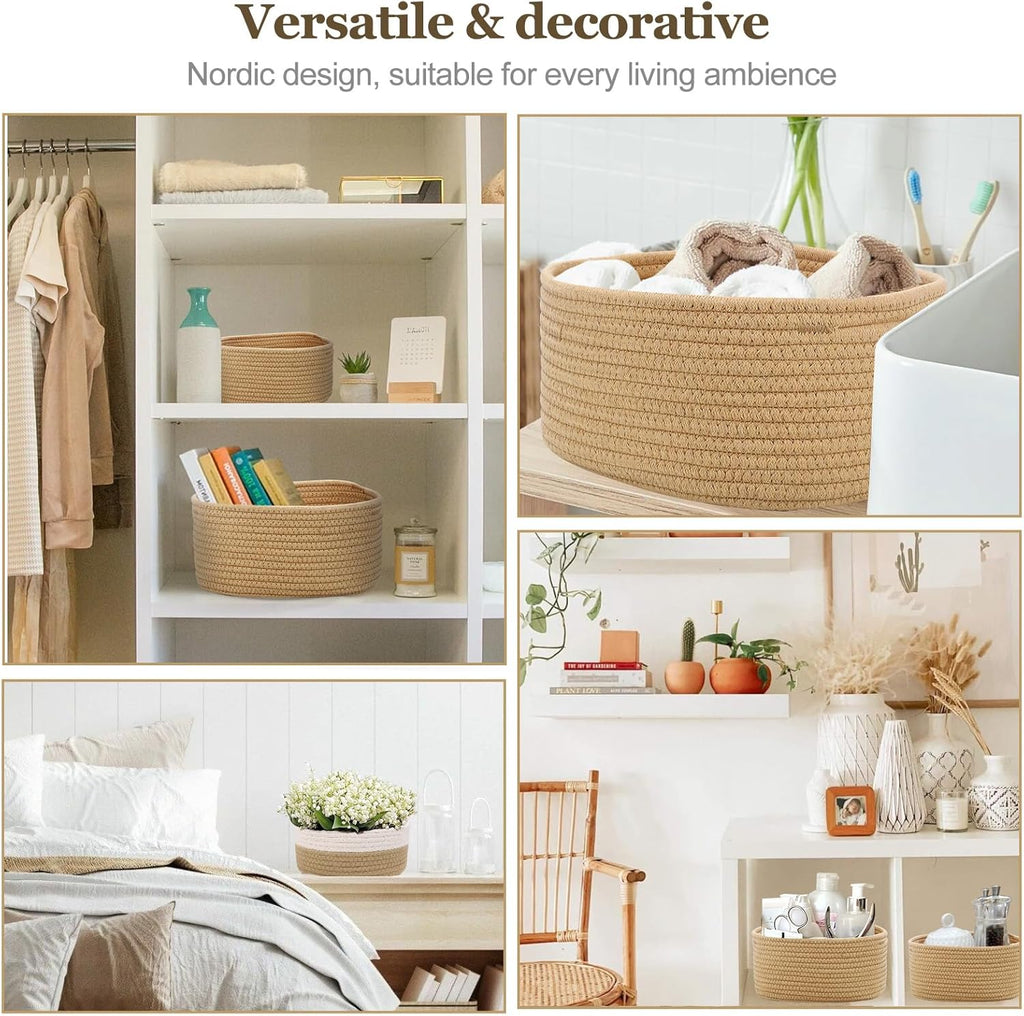 Juego De 5 Cestas Almacenaje Tejidas Con Cuerda De Algodón,Cesta Organizadora Bebe, Cestas Organizadoras Para Dormitorio, Baño, Cocina, Armario, Juguetes, Maquillaje