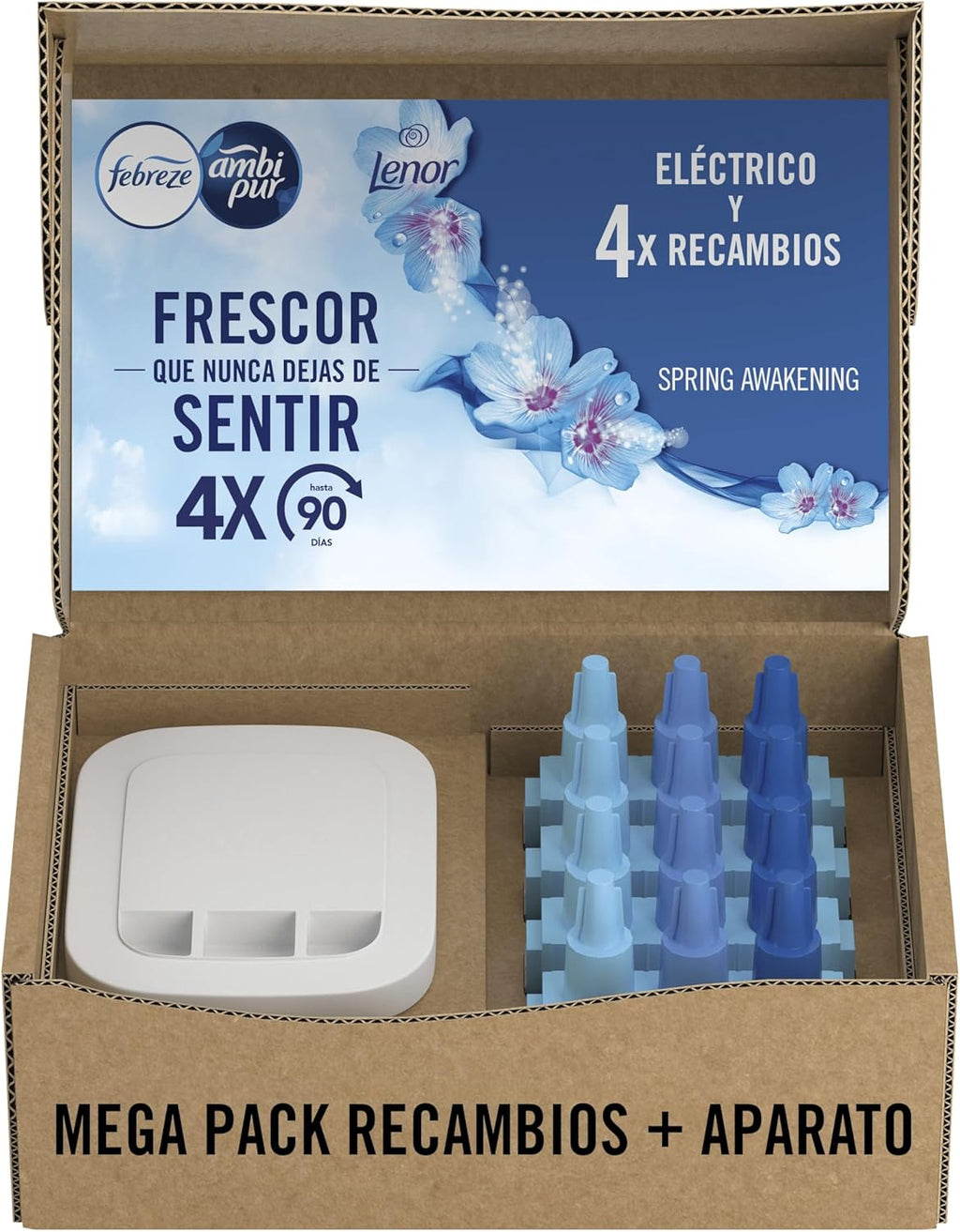 Ambipur 3VOLUTION Ambientador Casa, Aparato Electrico + 4 Recambios Aroma Frescor Primavera 80 Ml, 3 Fragancias Que Se Alternan Para Combatir Los Olores