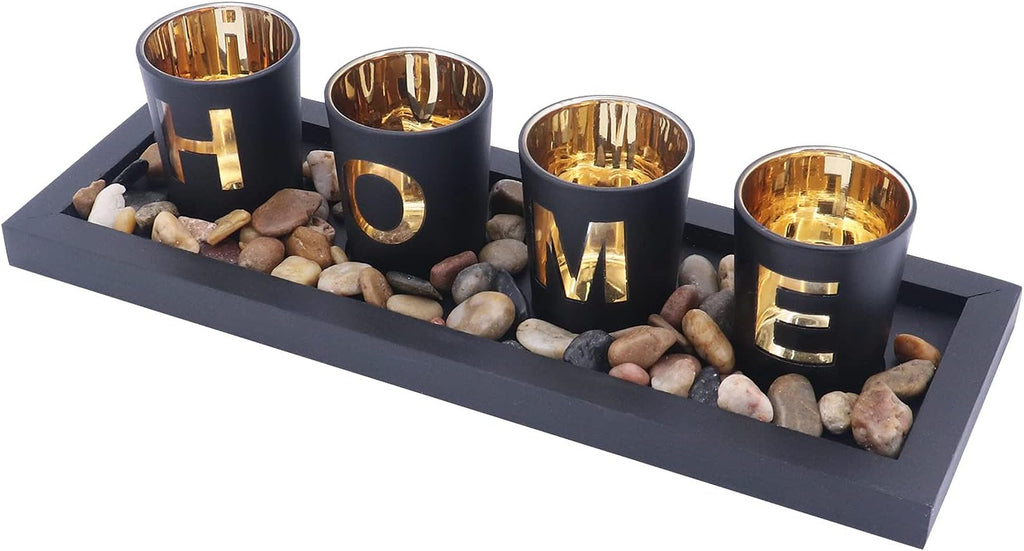 Juego De 4 Portavelas De Cristal, Piedras Naturales Y Bandeja De Madera Para Decoración De Mesa (Home)