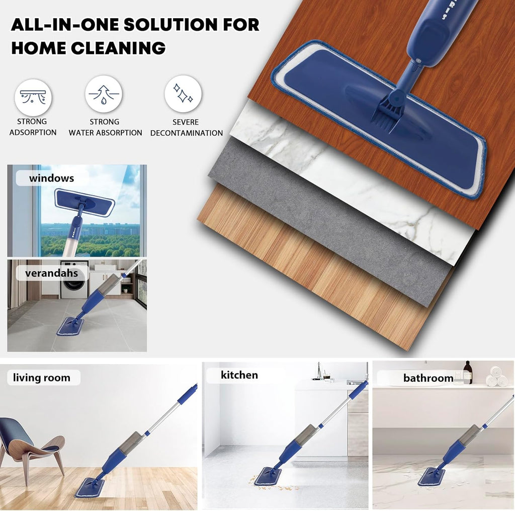 Mopa En Aerosol Para Limpieza De Suelos Con 6 Almohadillas Lavables, Mopa De Microfibra En Seco Y Húmedo Con Botella Recargable De 500 Ml Para Casa, Cocina, Suelos De Madera, Laminados, Azulejos De