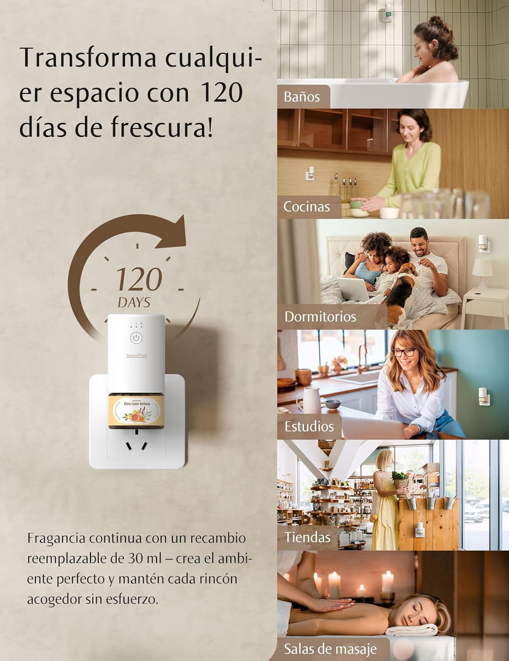 Senseflow Difusor Aceites Esenciales Difusor De Aromas Smart Wi-Fi SF101S -Ultrasónico Sin Agua, 100 % Vegetal, Aromaterapia120 Días, Para Hogar, Hotel Y Estudio Hasta 100 ㎡ - Romero Cineol