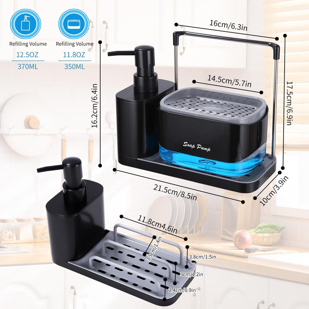 Jabonera Cocina, Organizador De Fregadero Negro Con Bandeja Y Soporte Para Esponja, Detergente Recargable，Dispensadores De Bomba De Jabón Y Porta Esponjas