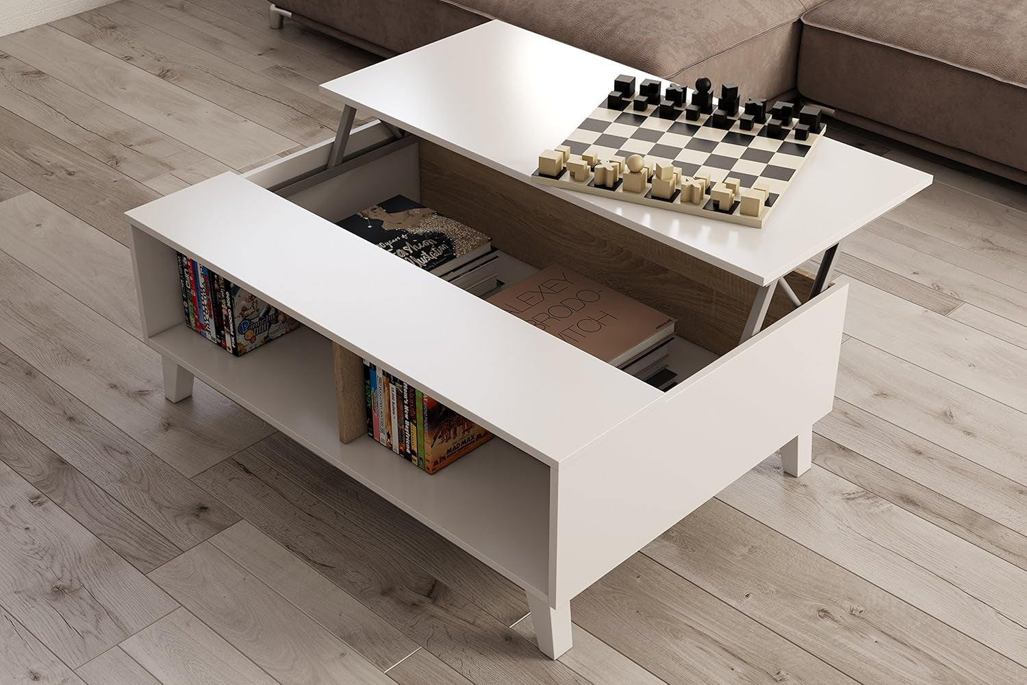 Habitdesign 0F6633BO - Mesa De Centro Elevable Zaiken Comedor Salón, Mesita Mueble Salon Comedor Acabado En Blanco Brillo Y Roble Canadian, Medidas: 100 Cm (Largo) X 38/48 Cm (Alto) X 68 Cm (Fondo)