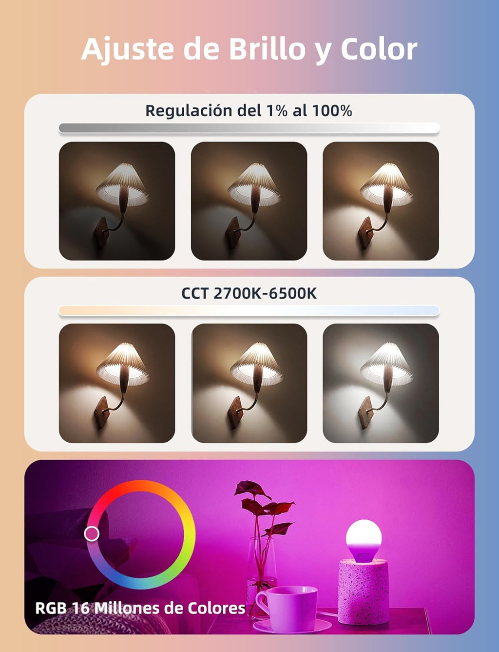 Aigostar Mesh- Bombilla Inteligente Bluetooth Mesh, G45. 2700K-6500K Y RGB Regulable, E14, 6.5W, 555LM. Bombilla LED Inteligente Compatible Con Alexa Y Google Home. Incluye Mando a Distancia. 2Uds