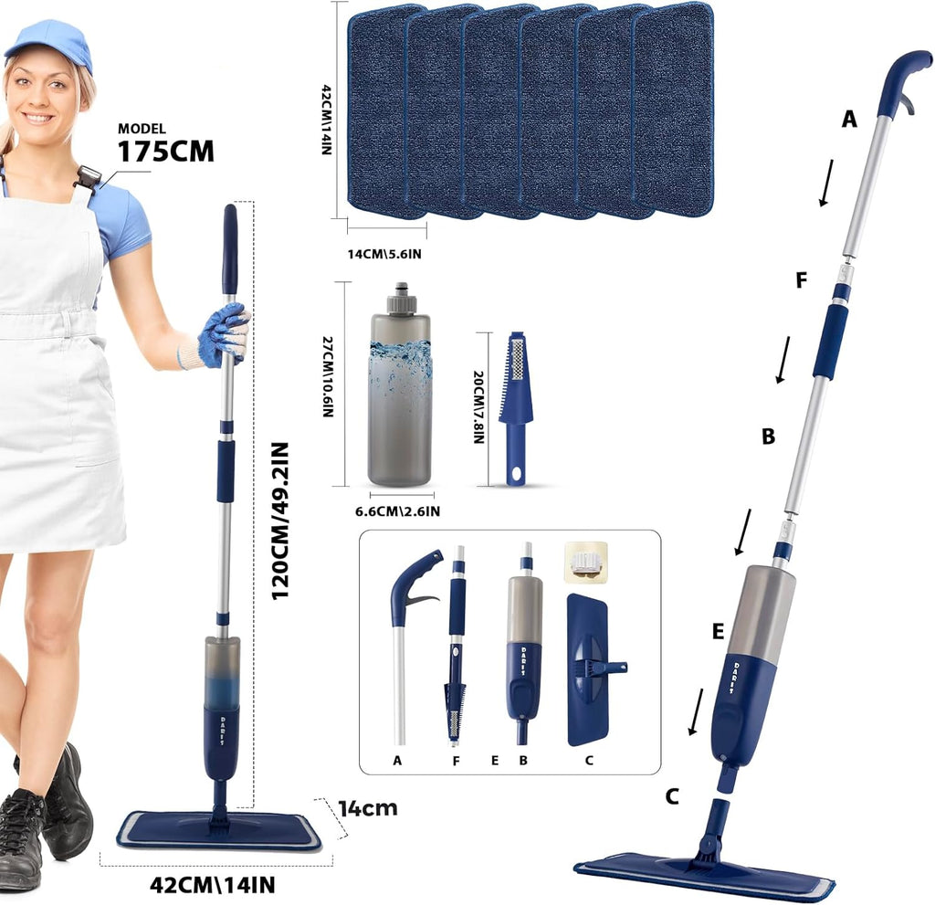 Mopa En Aerosol Para Limpieza De Suelos Con 6 Almohadillas Lavables, Mopa De Microfibra En Seco Y Húmedo Con Botella Recargable De 500 Ml Para Casa, Cocina, Suelos De Madera, Laminados, Azulejos De