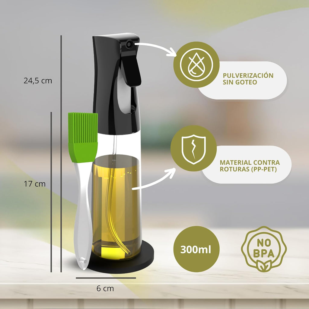 2 Piezas Pulverizadores De Aceite Para Cocinar De 300Ml + Embudo + 2 Soportes Antideslizantes + Pincel | Spray De Cocina Libre BPA (No Apto Lavavajillas) (2 SPRAYS)
