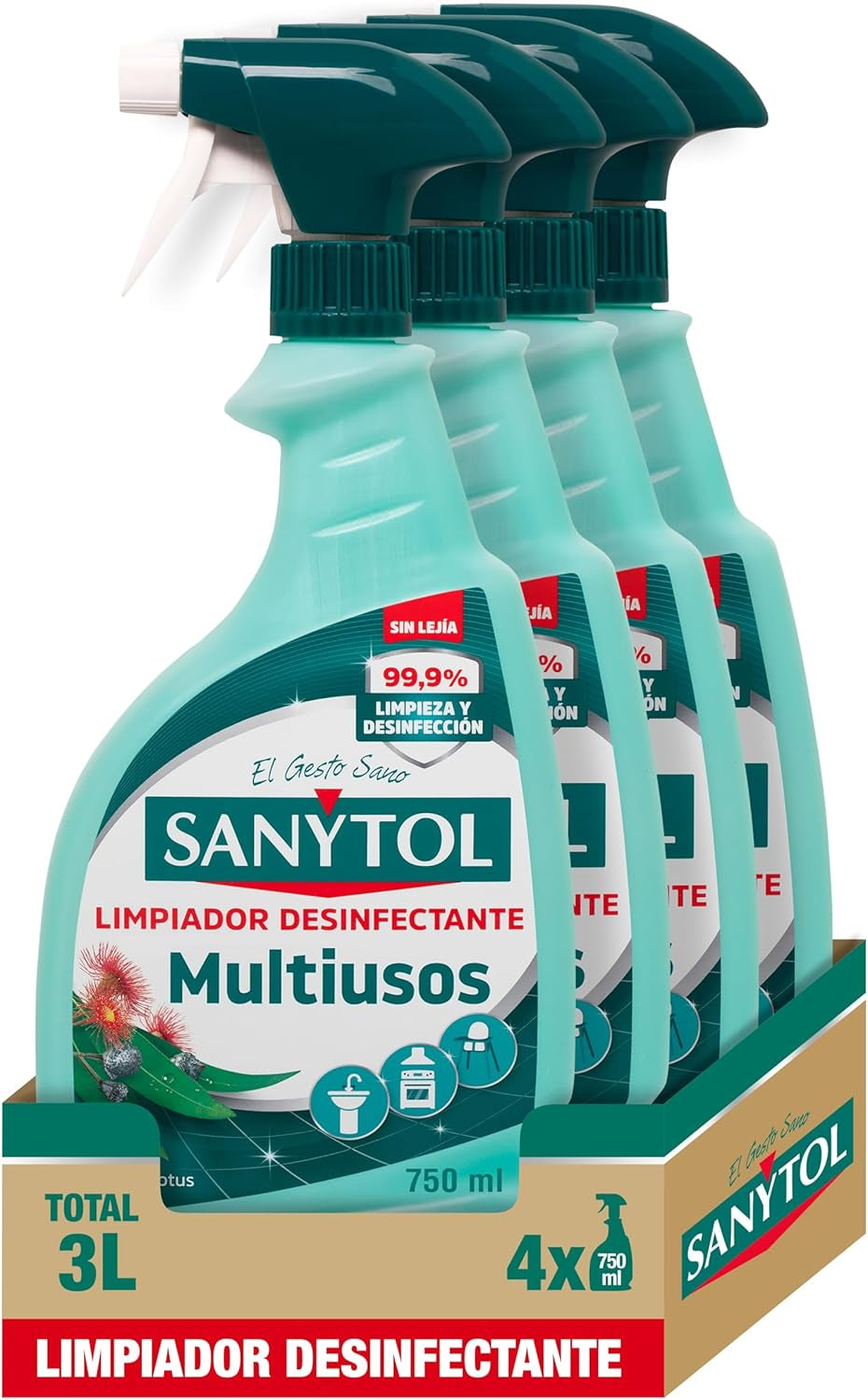 Sanytol - Limpiador Desinfectante Multiusos, Elimina Bacterias, Hongos Y Virus Sin Lejía, Perfume Eucaliptus - Pack De 4 X 750 Ml = 3L