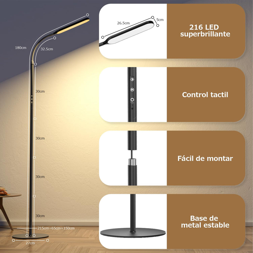 OUSFOT Lámpara De Pie LED Regulable 170 Cm Lámpara De Pie 3000-4000-6000 K Control Táctil Y Remoto Lámpara De Pie LED De Cuello De Cisne Ajustable Para Dormitorio Sala De Estar Oficina