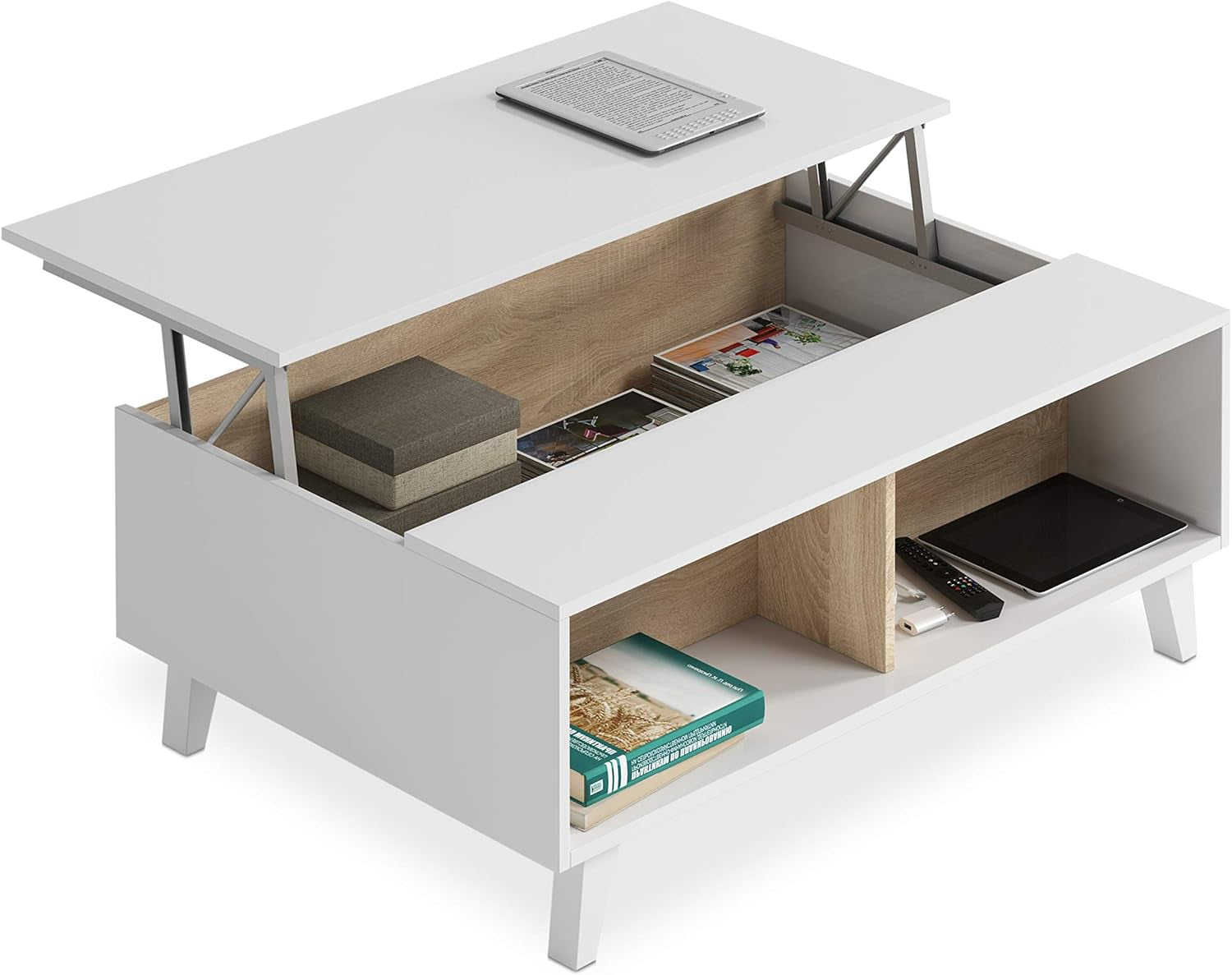 Habitdesign 0F6633BO - Mesa De Centro Elevable Zaiken Comedor Salón, Mesita Mueble Salon Comedor Acabado En Blanco Brillo Y Roble Canadian, Medidas: 100 Cm (Largo) X 38/48 Cm (Alto) X 68 Cm (Fondo)