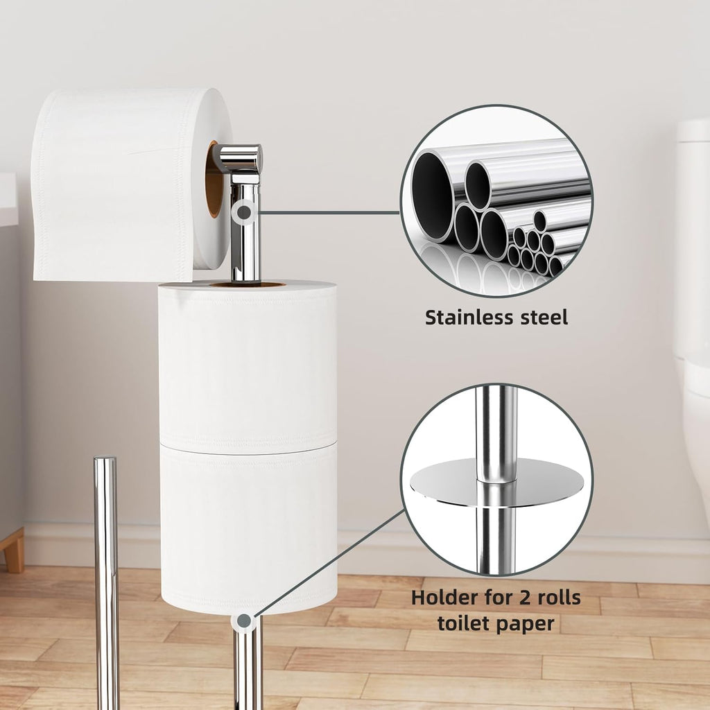Portarrollos De Papel Higiénico De Pie De Acero Inoxidable, Soporte Para Papel Higiénico Y Escobilla, Sin Necesidad De Taladrar, Escobilla Y Portarrollos De Papel Higiénico (Plata Brillante)