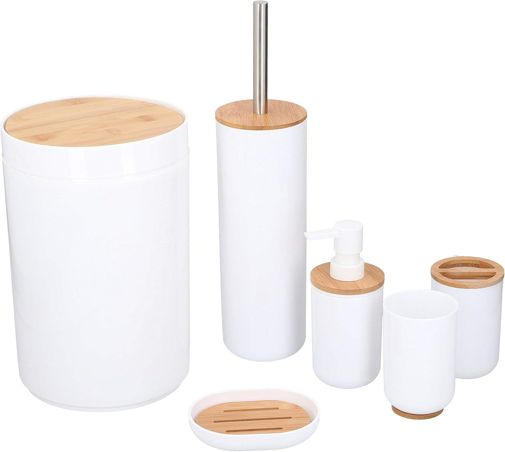Set De Baño - Set De Inodoro - 6 Piezas - Dispensador De Jabón - Portacepillos De Dientes - Cepillo De Baño - Papelera - Jabonera - Vaso - Bambú - Blanco