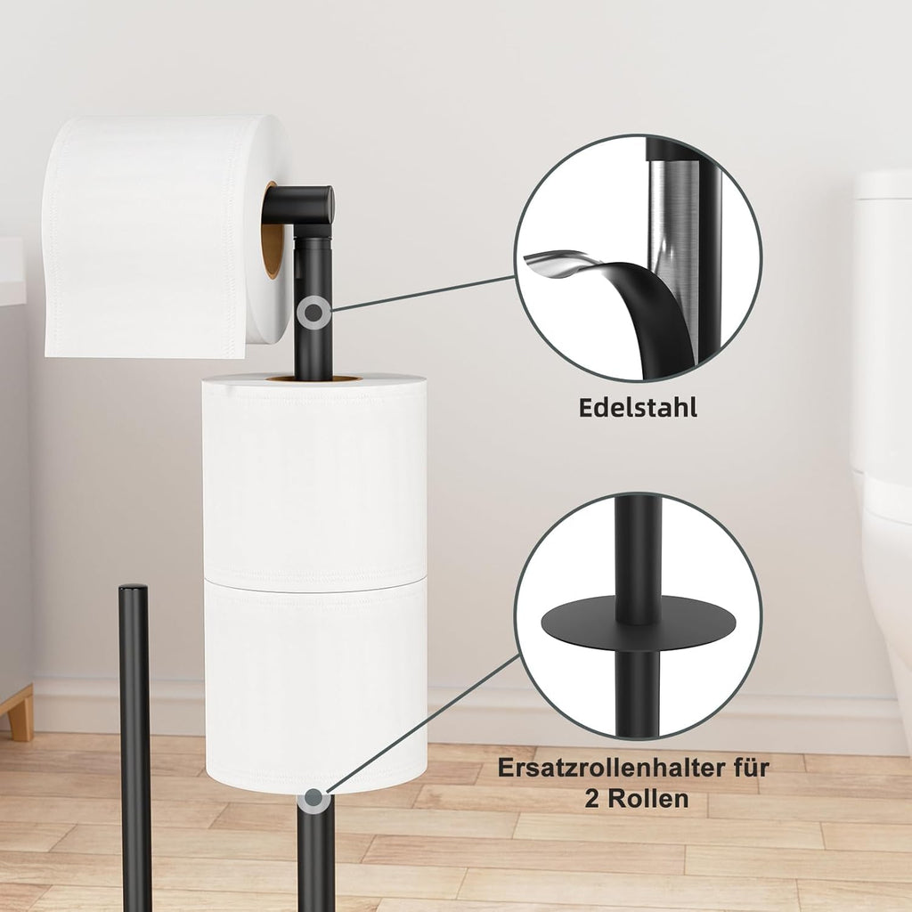 Portarrollos De Papel Higiénico De Pie Con Escobillero, Soporte De Acero Inoxidable, Sin Necesidad De Taladrar (Negro Mate)