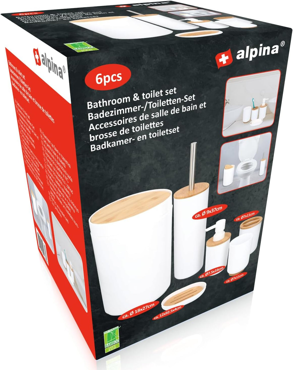 Set De Baño - Set De Inodoro - 6 Piezas - Dispensador De Jabón - Portacepillos De Dientes - Cepillo De Baño - Papelera - Jabonera - Vaso - Bambú - Blanco