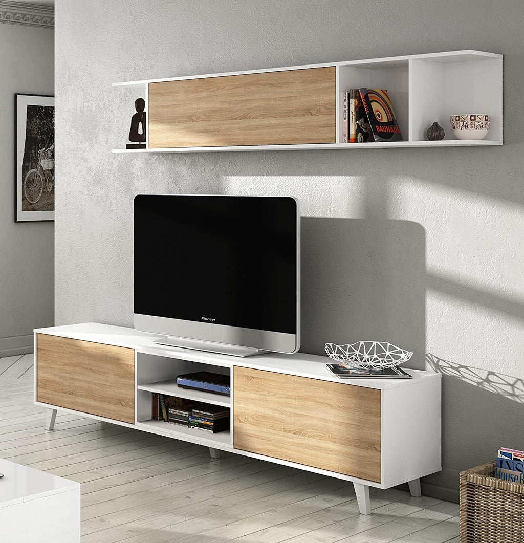 Habitdesign 0F6633BO - Mesa De Centro Elevable Zaiken Comedor Salón, Mesita Mueble Salon Comedor Acabado En Blanco Brillo Y Roble Canadian, Medidas: 100 Cm (Largo) X 38/48 Cm (Alto) X 68 Cm (Fondo)