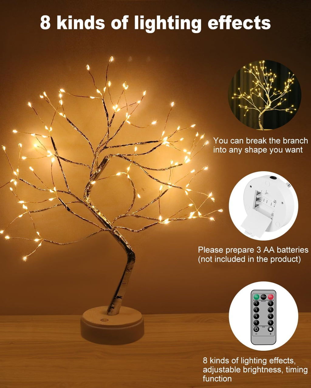 Arbol Luces LED, 108 LED Arbol Lampara Mesa, 8 Modos De Luz Y Operación De Control Remoto Y Temporizador, Adecuado Para Decoración Del Hogar, Navidad, Regalos