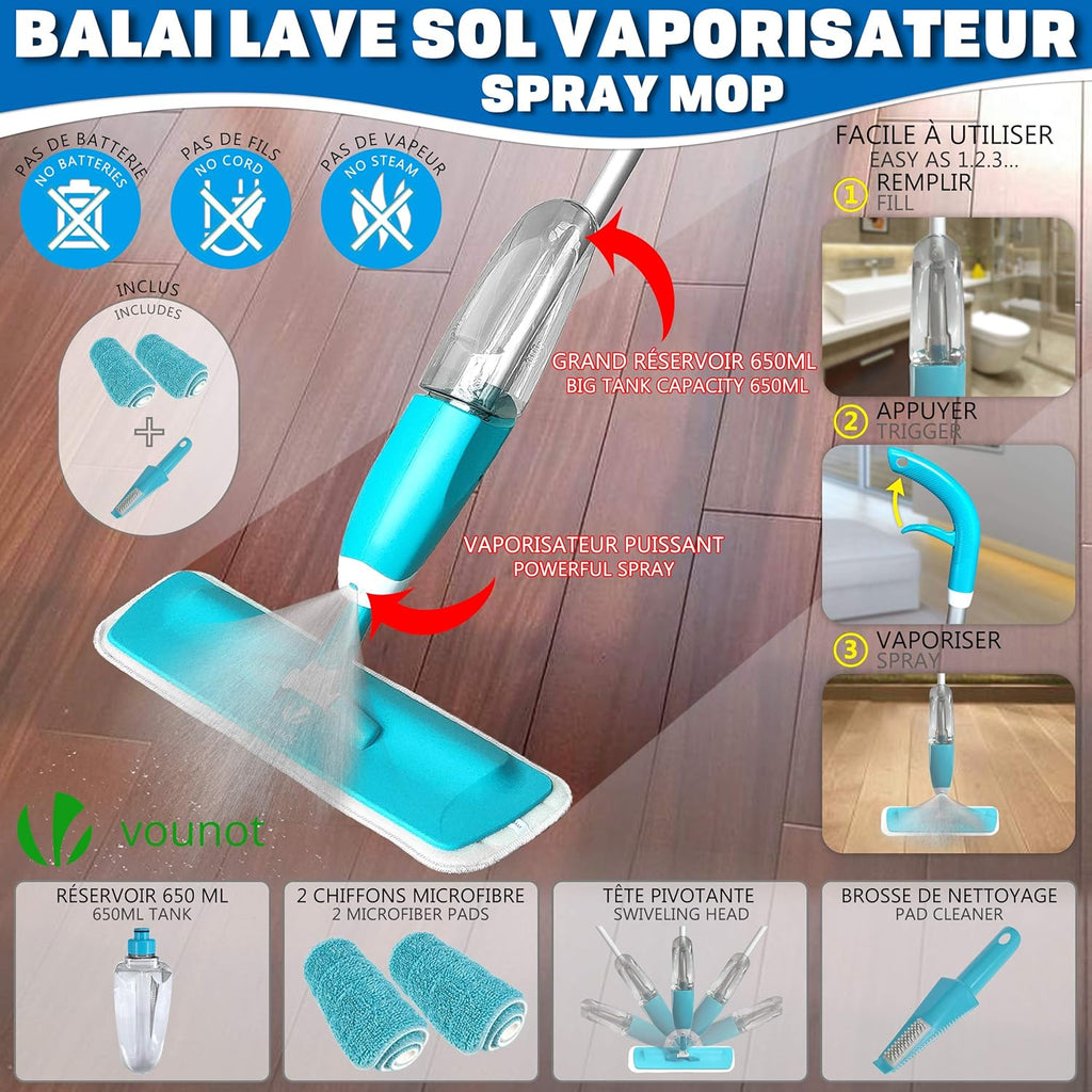 VOUNOT® Mopa Spray, Mopa Con Pulverizador, Fregona Con Vaporizador, Con 2 Almohadilla De Microfibra Y 1 Rasqueta De Ducha, 650Ml, Azul