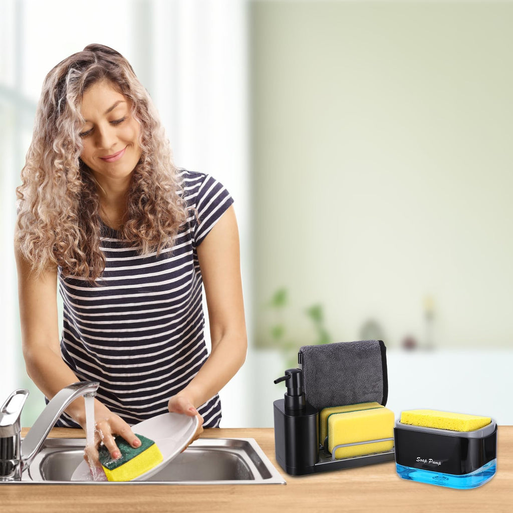 Jabonera Cocina, Organizador De Fregadero Negro Con Bandeja Y Soporte Para Esponja, Detergente Recargable，Dispensadores De Bomba De Jabón Y Porta Esponjas