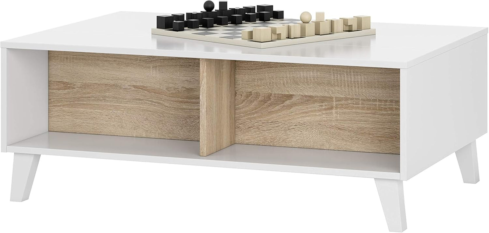 Habitdesign 0F6633BO - Mesa De Centro Elevable Zaiken Comedor Salón, Mesita Mueble Salon Comedor Acabado En Blanco Brillo Y Roble Canadian, Medidas: 100 Cm (Largo) X 38/48 Cm (Alto) X 68 Cm (Fondo)