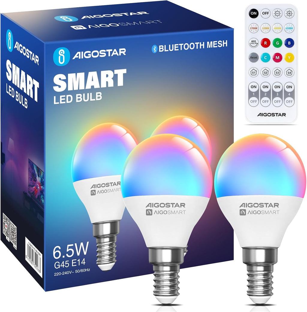 Aigostar Mesh- Bombilla Inteligente Bluetooth Mesh, G45. 2700K-6500K Y RGB Regulable, E14, 6.5W, 555LM. Bombilla LED Inteligente Compatible Con Alexa Y Google Home. Incluye Mando a Distancia. 2Uds