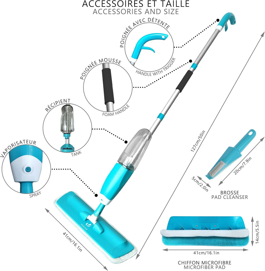 VOUNOT® Mopa Spray, Mopa Con Pulverizador, Fregona Con Vaporizador, Con 2 Almohadilla De Microfibra Y 1 Rasqueta De Ducha, 650Ml, Azul